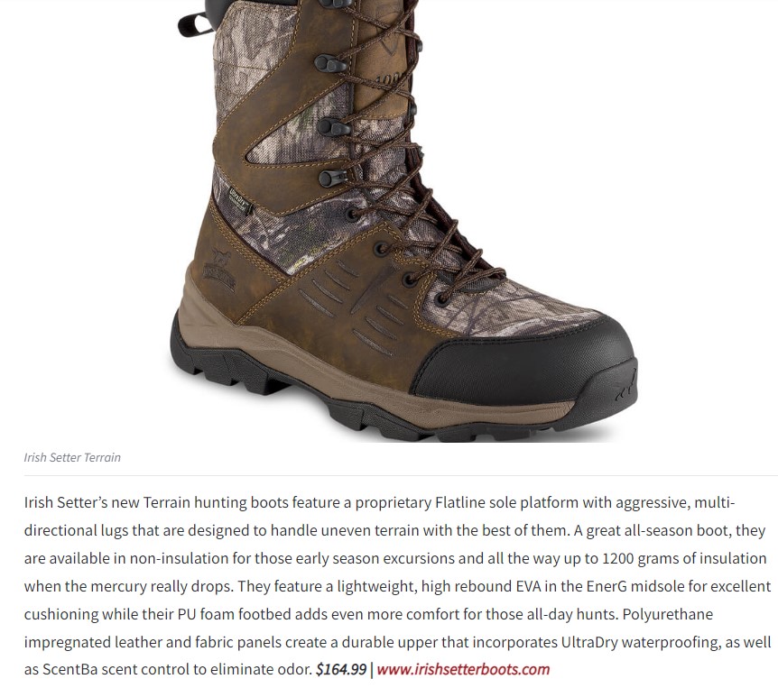 Image of press coverage of Irish Setter Terrain hunting boot in Bowhunter Magazine