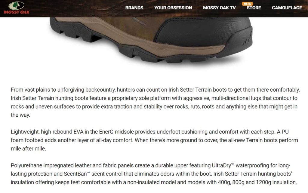 Image of hunting boot sole and product details